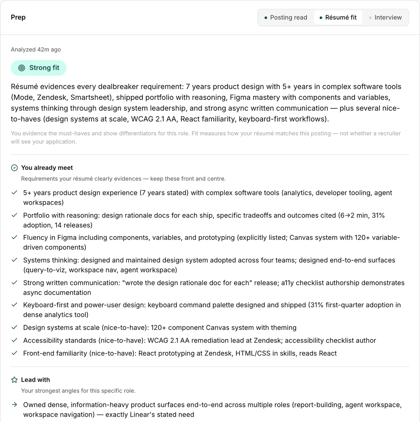 The Résumé fit lens: a 'Strong fit' label with a one-sentence justification, a list of requirements the résumé already evidences, and a gap with a suggested rewrite you can copy.