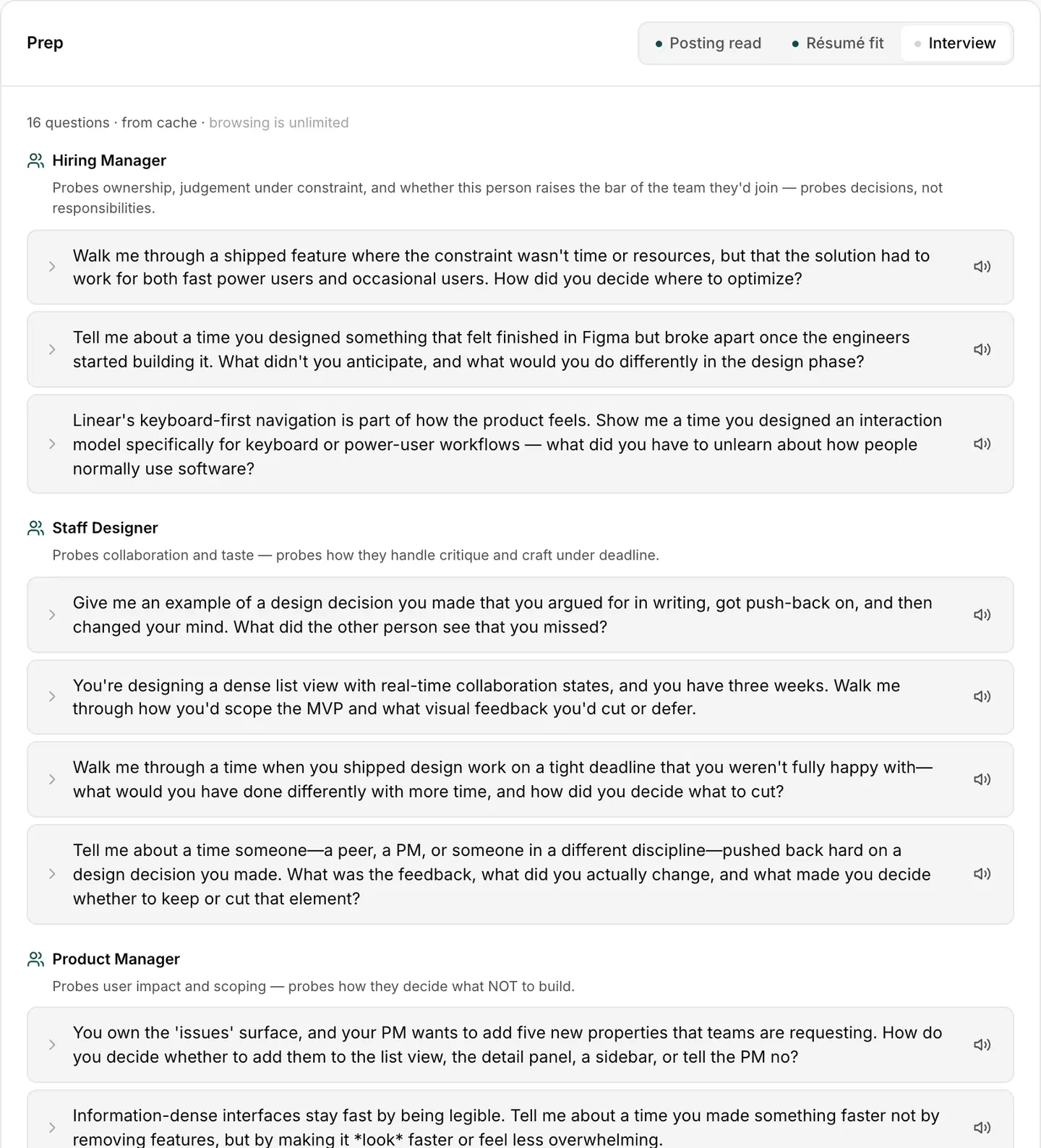 The Interview lens: sixteen likely questions grouped by interviewer — hiring manager, staff designer, product manager — each group labelled with what that interviewer is probing for.