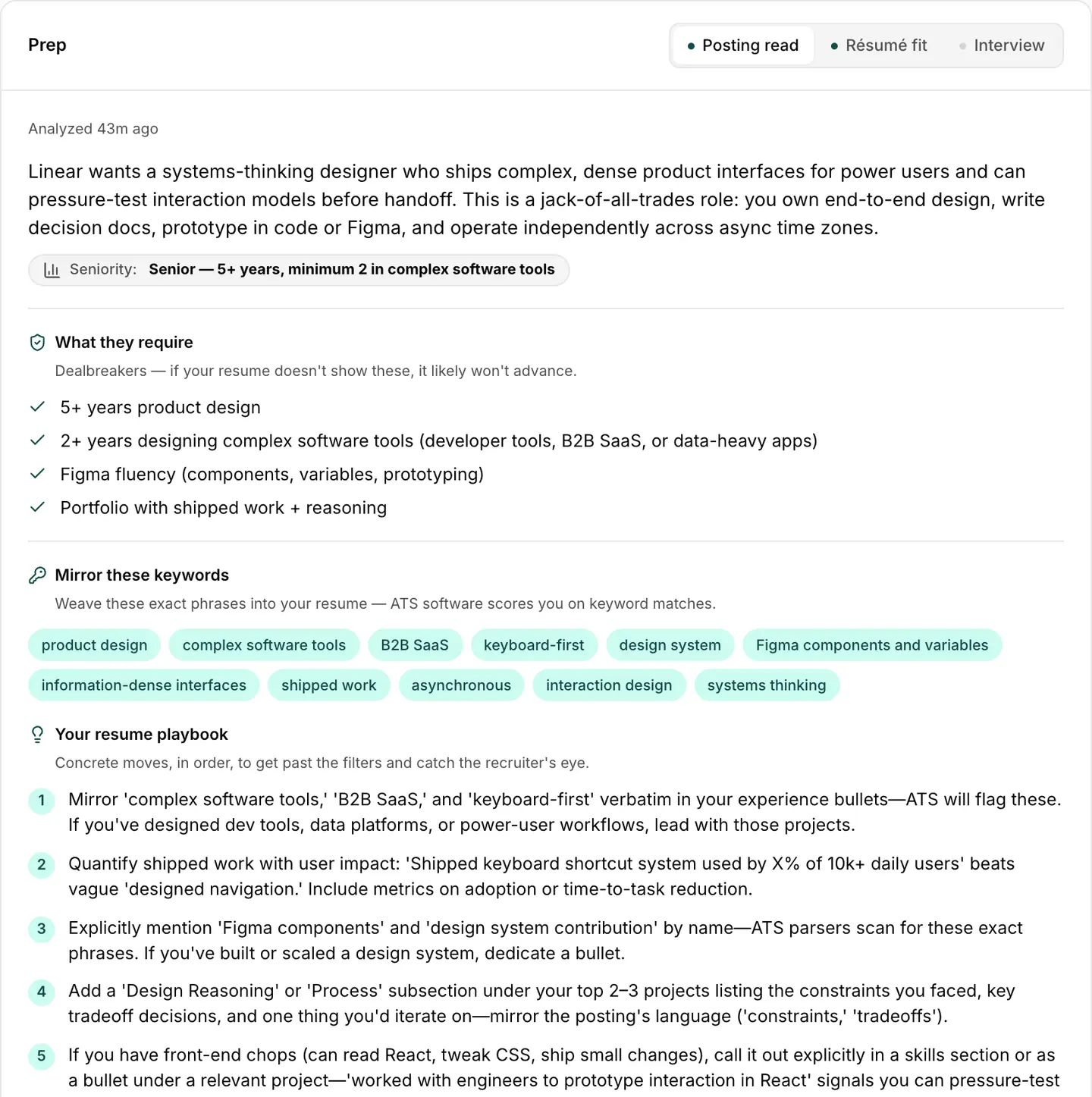 The Posting read lens: an insider summary of the role, the dealbreaker requirements, a set of ATS keywords to mirror, and a numbered résumé playbook.